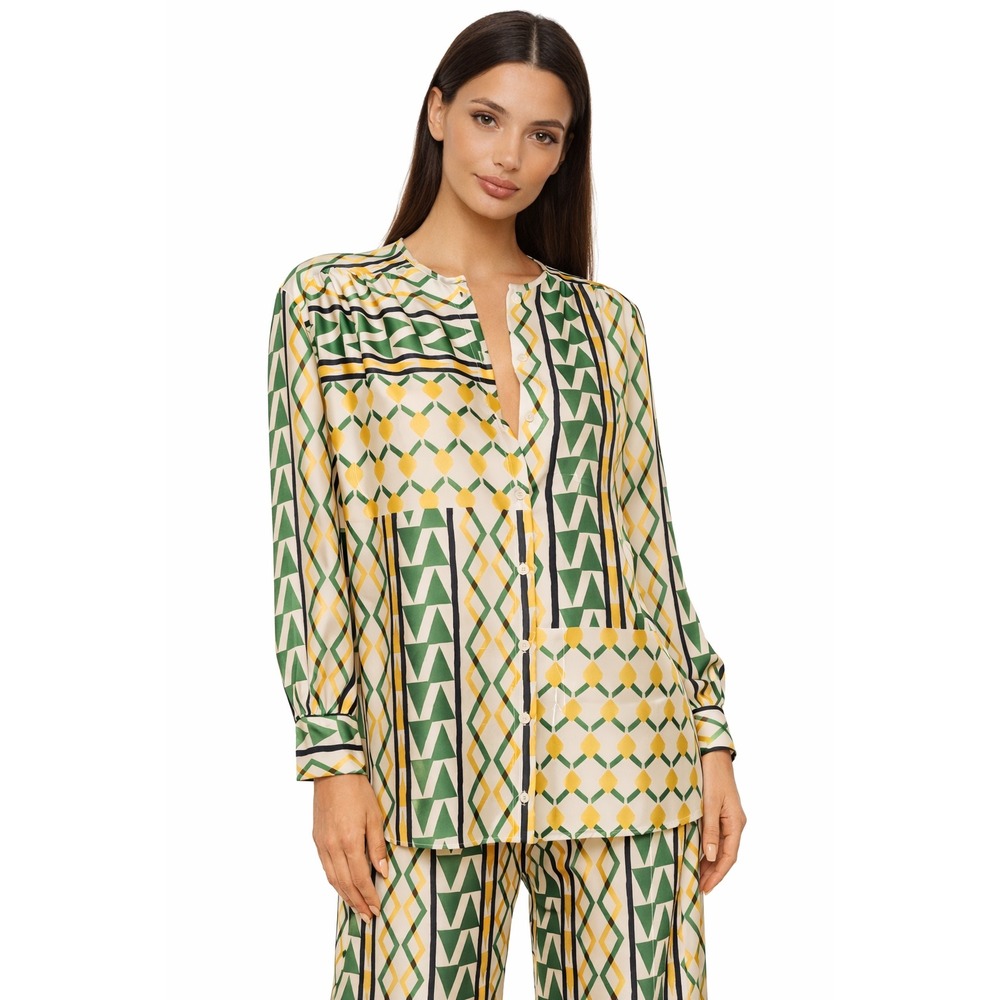 MISA LOS ANGELES Geometric Print Button Front Blouse Shirt Women L Green‎ Yellow